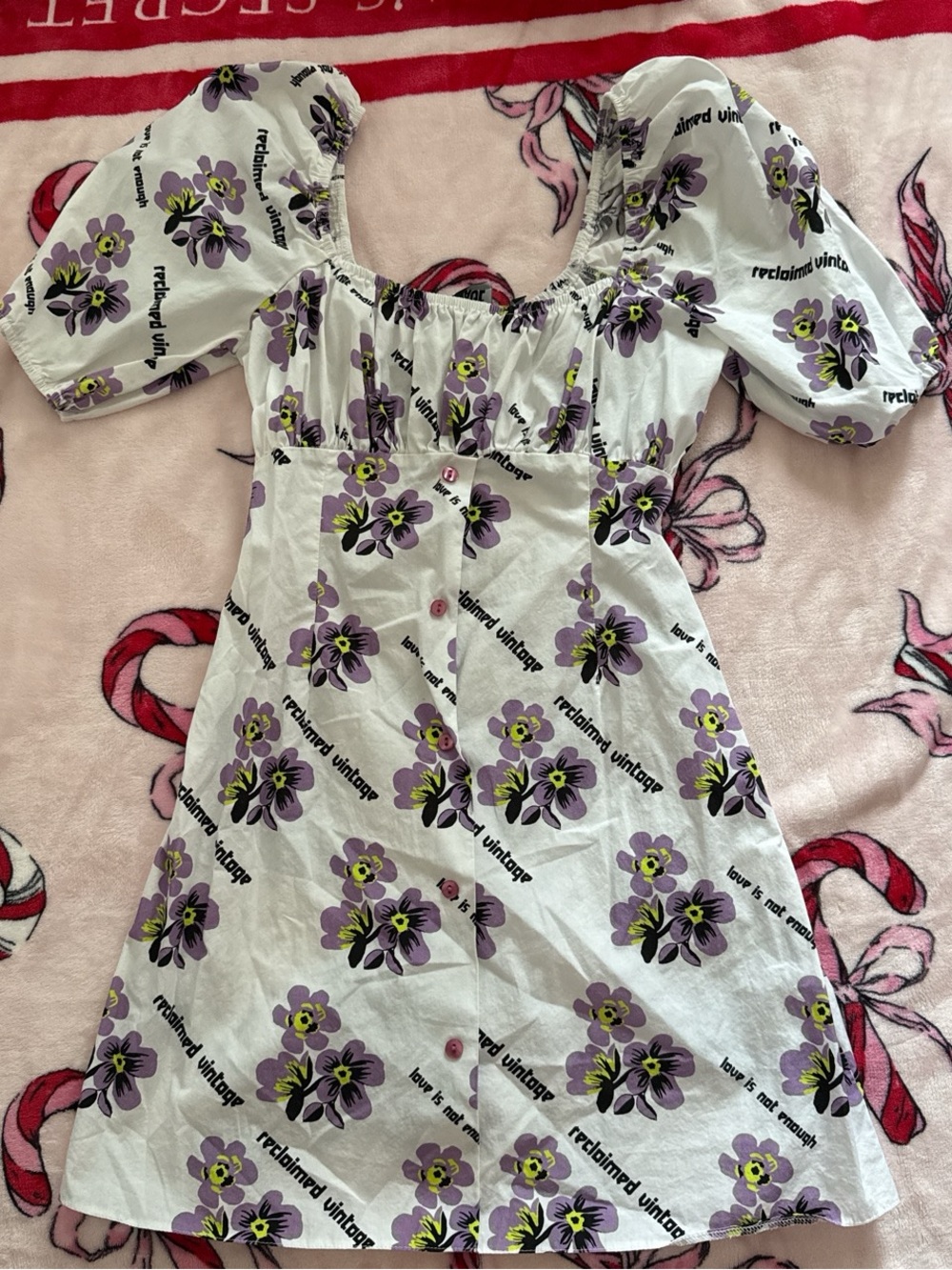 Reclaimed vintage white and purple puffy sleeve floral dress US 2 XS